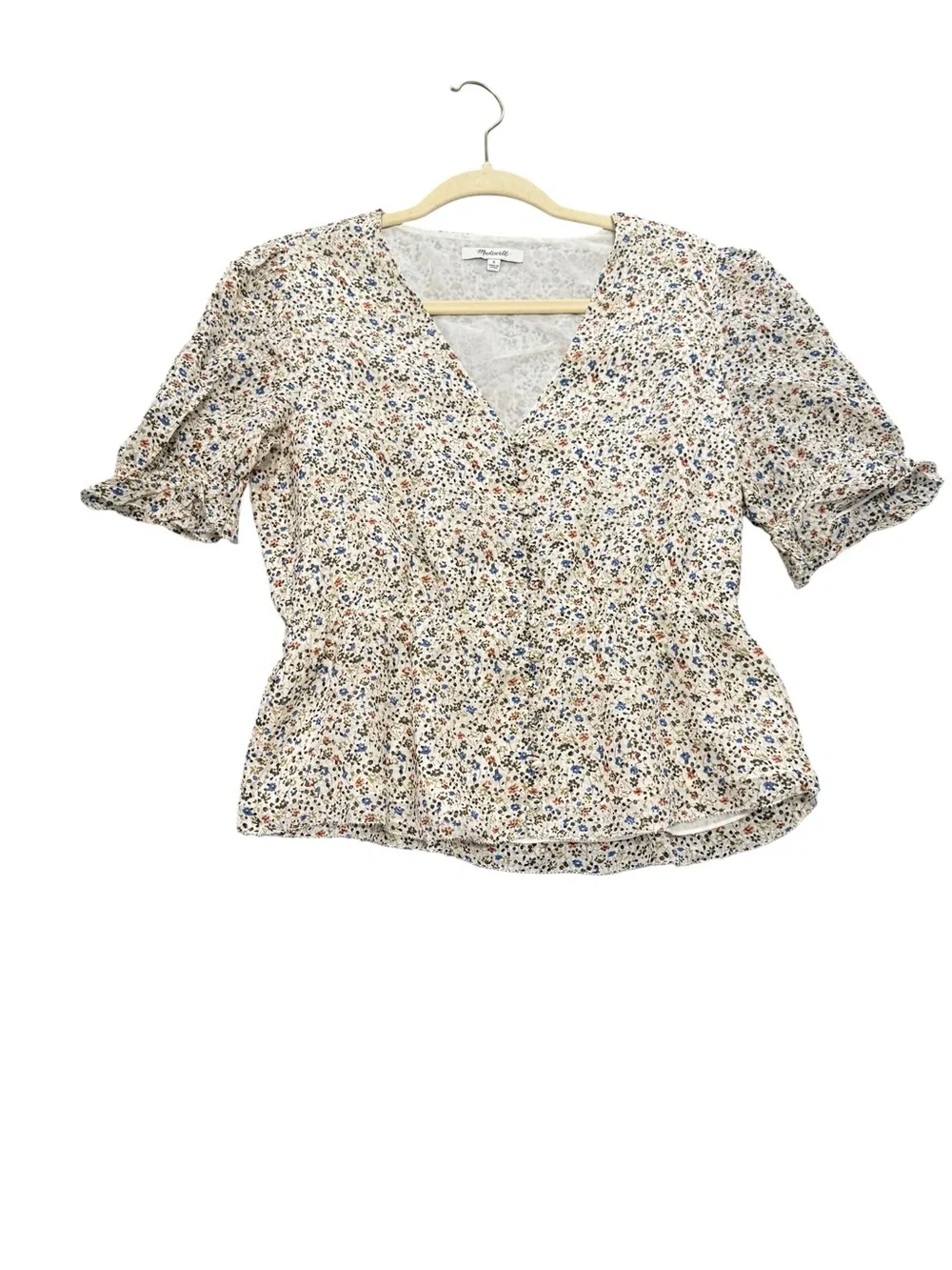 Madewell Silk Floral Puff Sleeve Peplum Blouse Ivory Blue Print Size Small